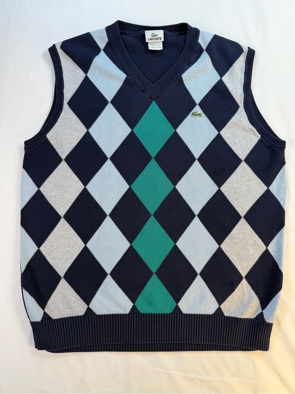 Lacoste Classic Men’s Argyle V-Neck Cotton Sweater Vest Size Large